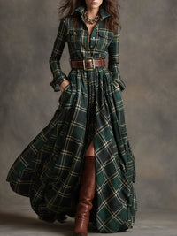 Solaria™ - Plaid Maxi Long Sleeves Dress with Belt