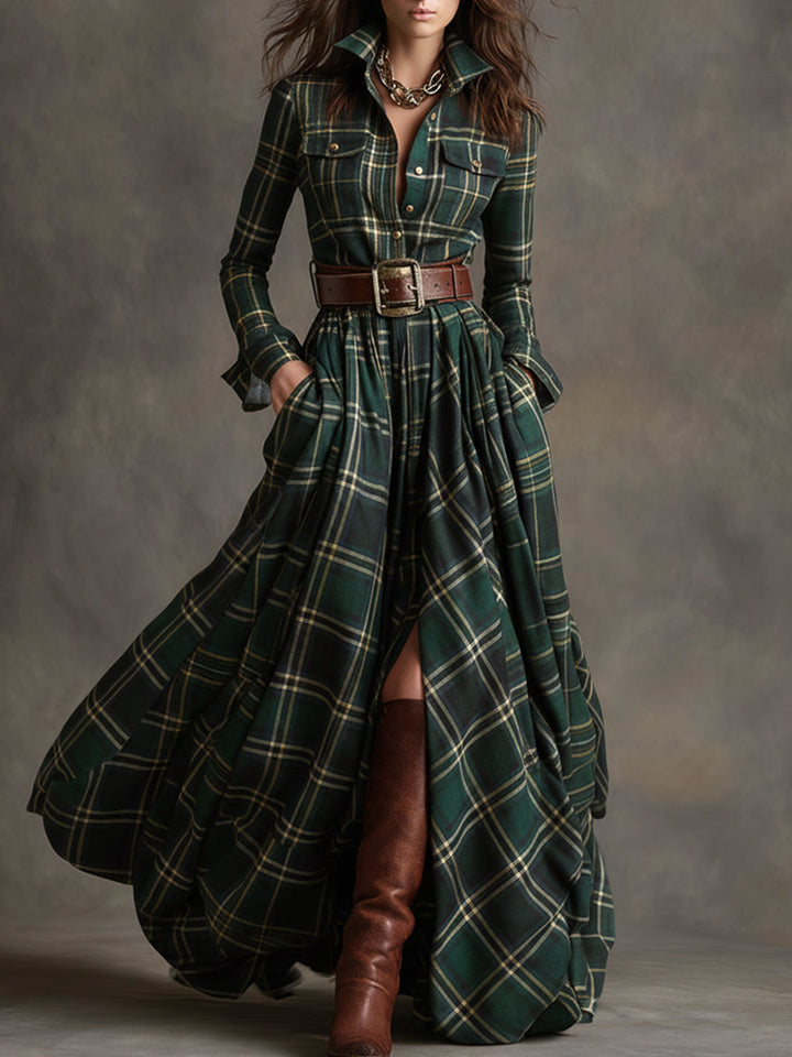 Solaria™ - Plaid Maxi Long Sleeves Dress with Belt