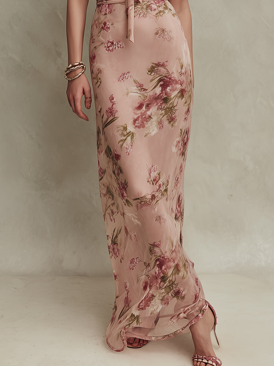 Lia - Chic Floral Chiffon Maxi Dress with Keyhole Neckline