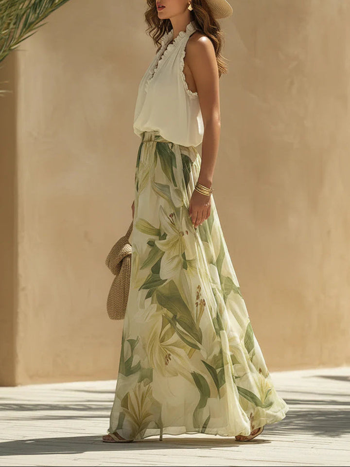 Alessandra - Sleeveless Chiffon Top with Ruffles and Lilium Print Pants