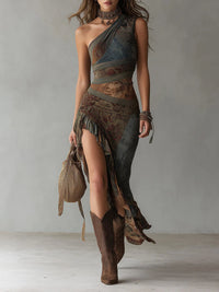 Jasmine™ - One-Shoulder Printed Maxi Dress with Ruffled Slit