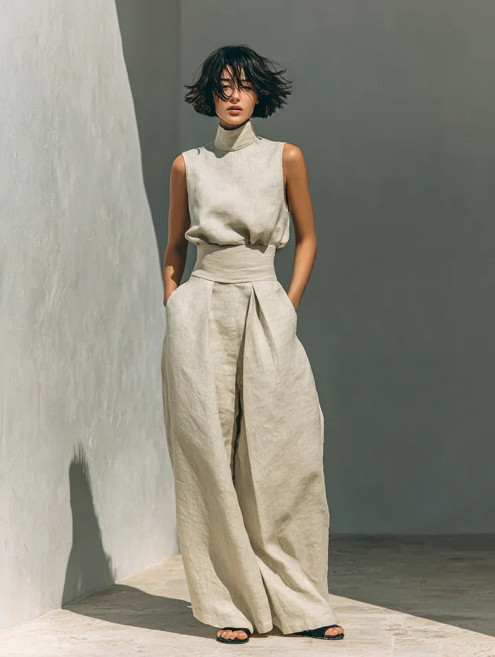 Flor™ | Completo Minimalista: Canotta e Pantaloni a Gamba Larga in Cotone e Lino per Donna
