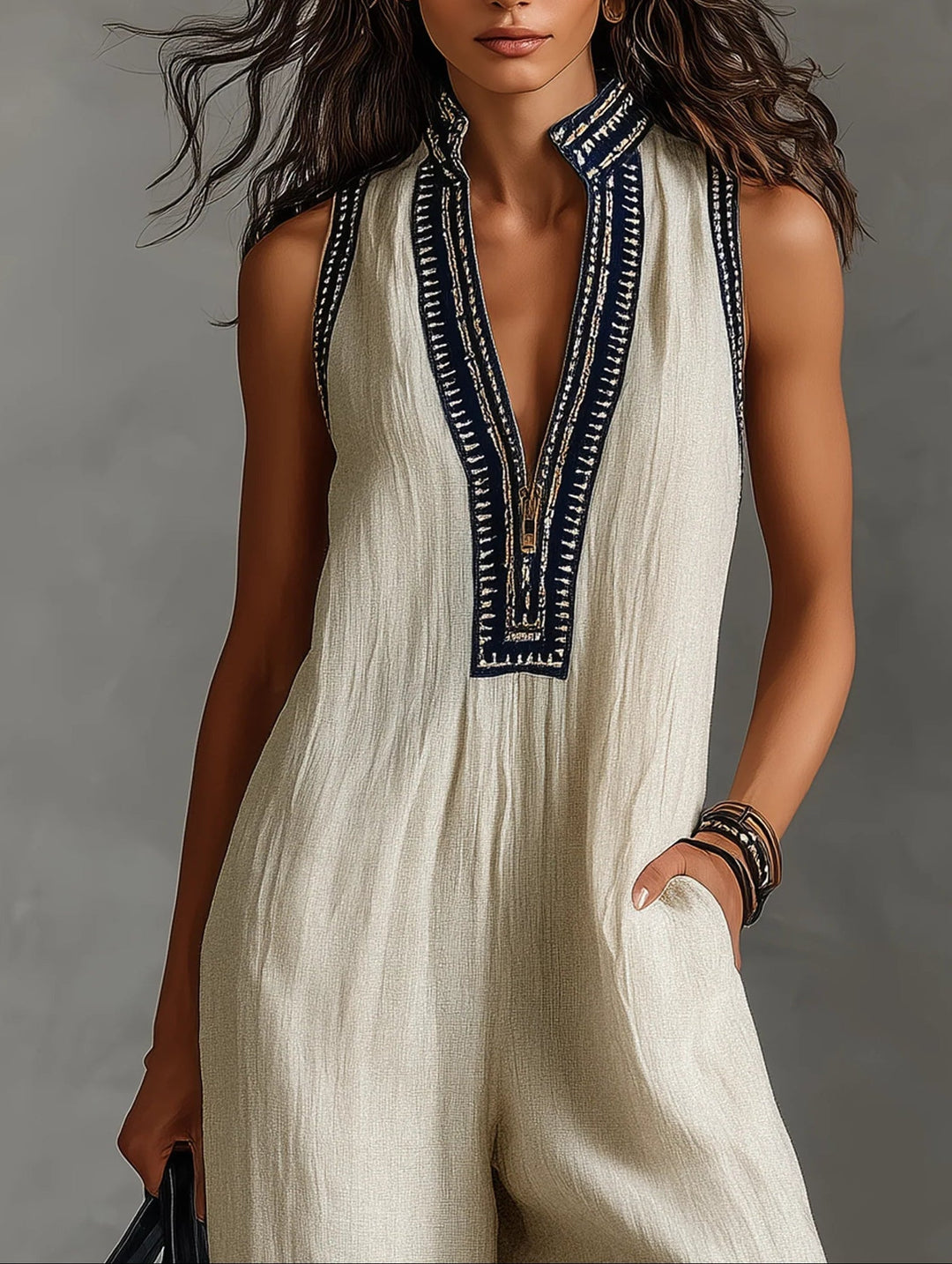 Fiamma - Sleeveless Jumpsuit Featuring a Chic High Collar and Zipper