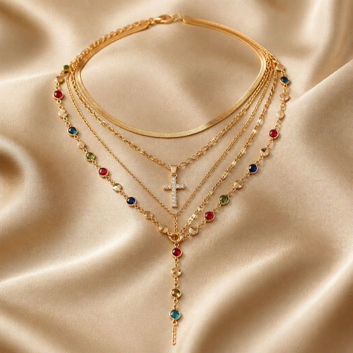 White Gold Necklace and Earring Set with Gemstones