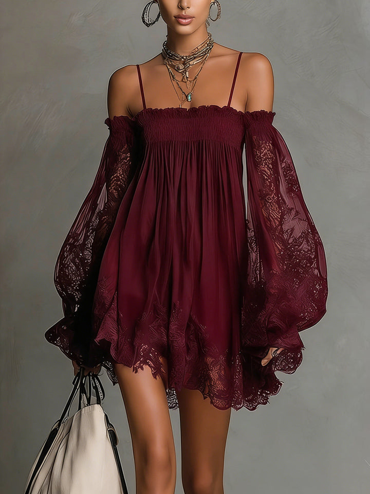 Noemi | Navy Blue Chiffon Mini Dress with Off-the-Shoulder Neckline, Lace Trim, and Sheer Sleeves
