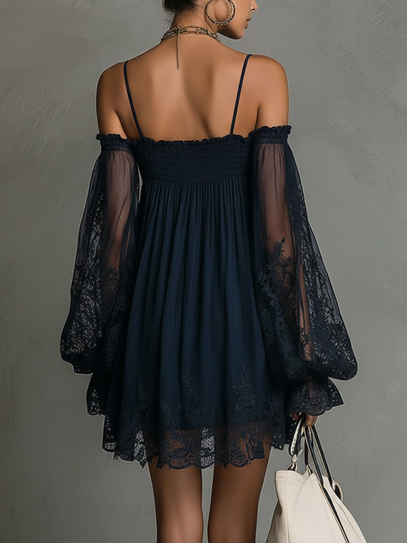 Camille | Chic Off-Shoulder Mini Dress with Elegant Lace Detailing