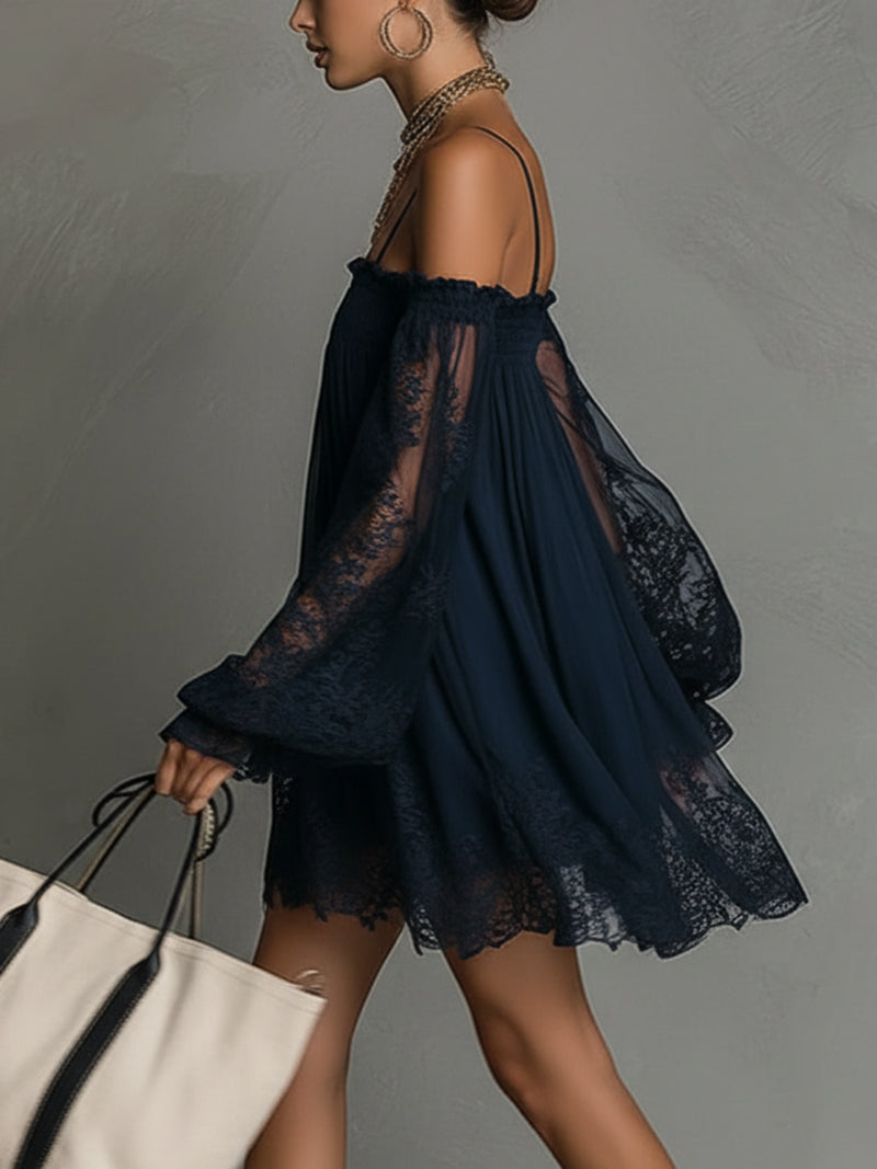 Camille | Chic Off-Shoulder Mini Dress with Elegant Lace Detailing