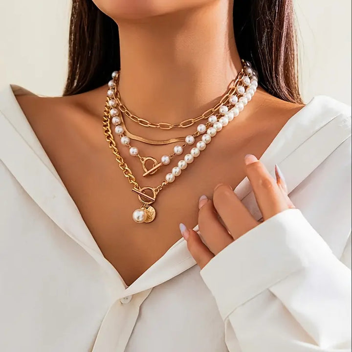 Layered Necklace Set with Modern Pearls