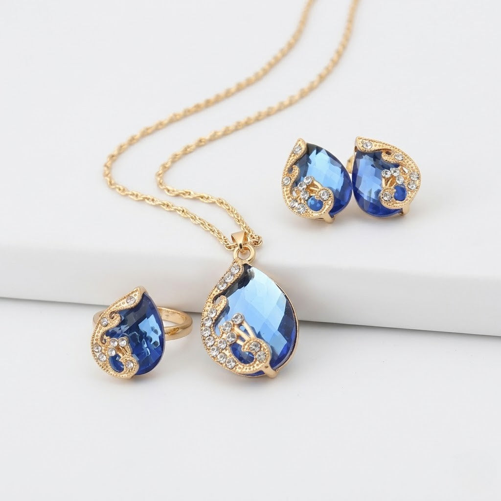 Gold Necklace and Earring Set with Blue Crystals