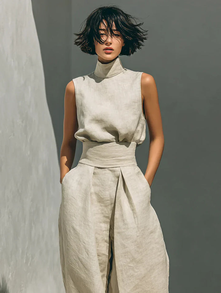 Flor™ | Completo Minimalista: Canotta e Pantaloni a Gamba Larga in Cotone e Lino per Donna