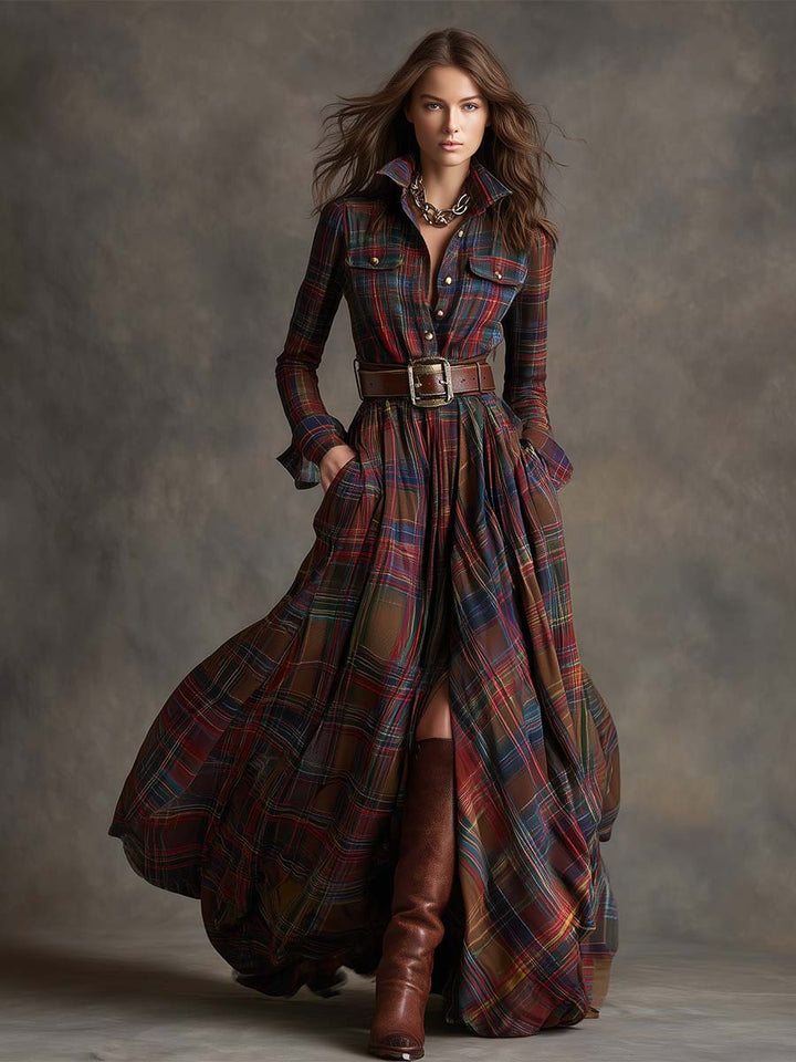 Solaria™ - Plaid Maxi Long Sleeves Dress with Belt