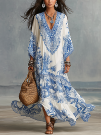Elouise™ - Blue Porcelain Print V-Neck Kaftan Dress