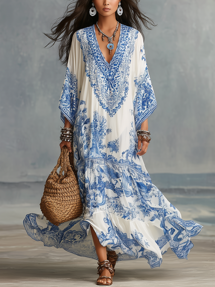 Elouise™ - Blue Porcelain Print V-Neck Kaftan Dress