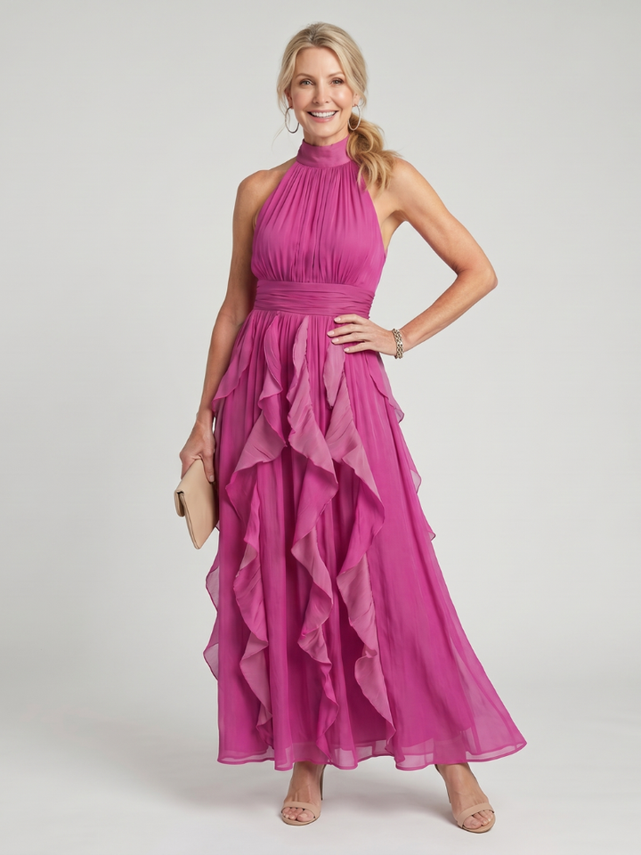 Lottie™ - High Neck and Gathered Ruffle Layers Maxi Dress