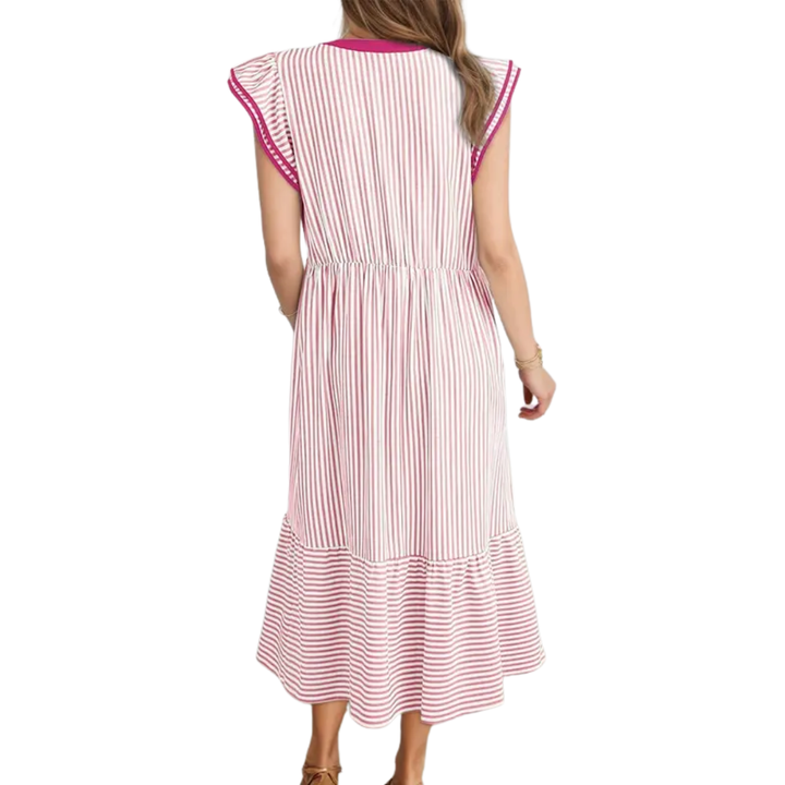 Leonora™ – Ruffled Cap Sleeves Striped Midi Dress