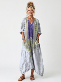 Melora™  - Contrast Panel & Embroidery Dress