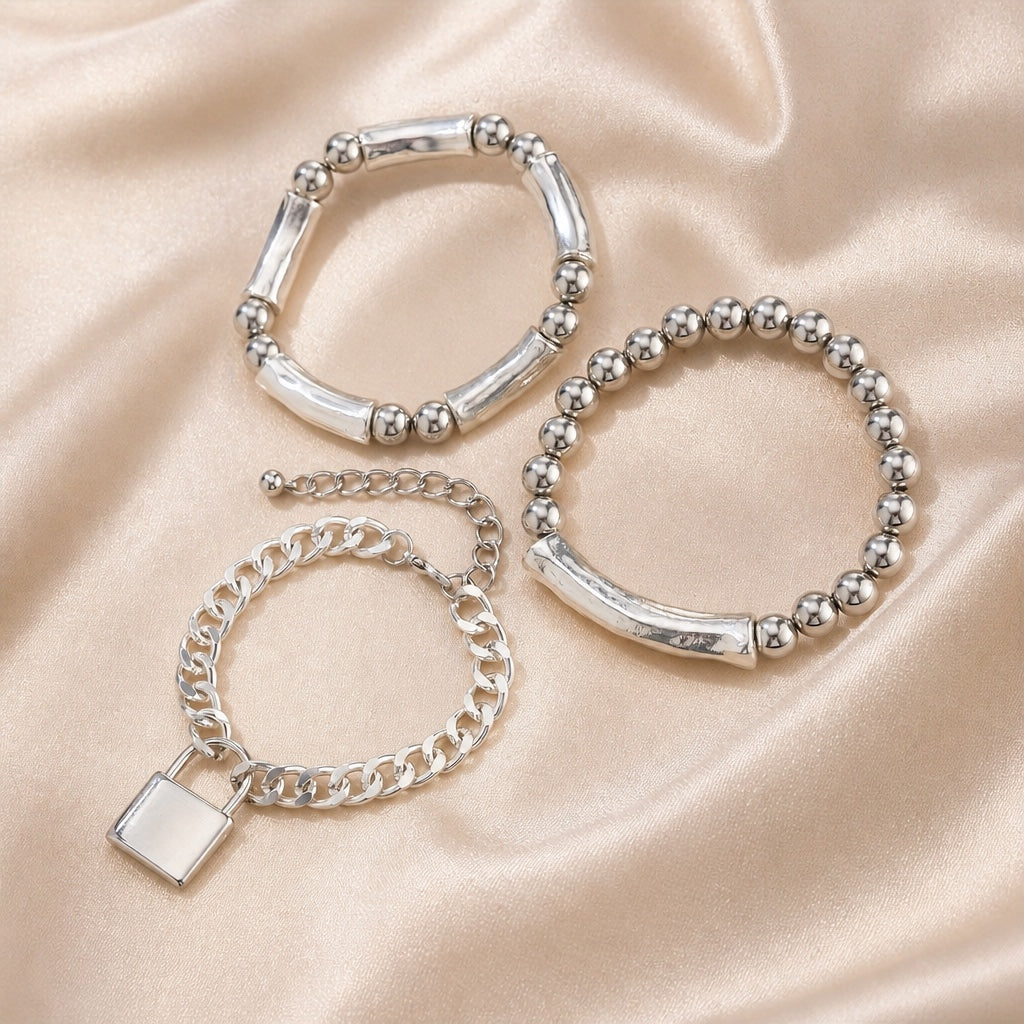 Set of White Gold Beaded Bracelets with Punk Lock Design