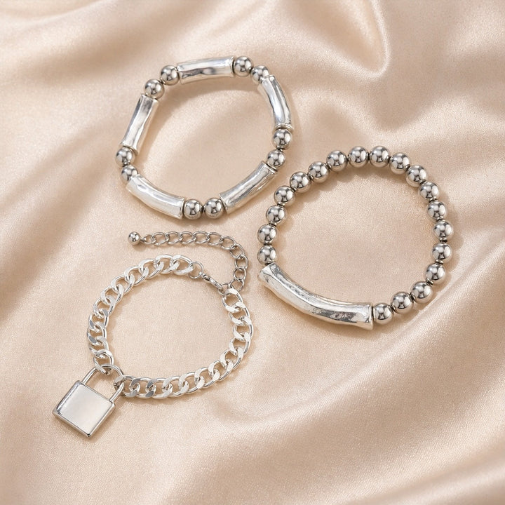 Set of White Gold Beaded Bracelets with Punk Lock Design