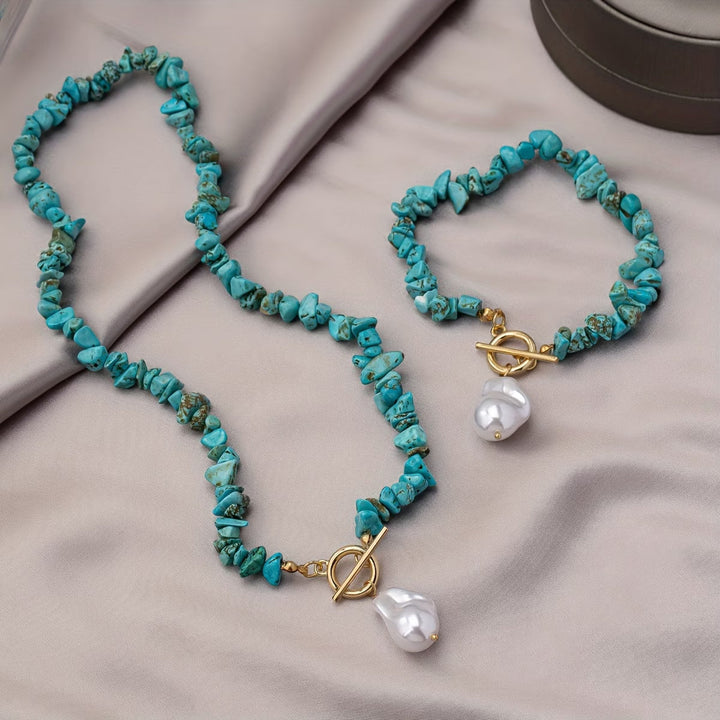 Turquoise and Pearl Necklace and Bracelet Set