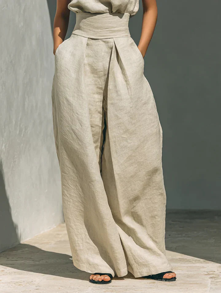Flor™ | Completo Minimalista: Canotta e Pantaloni a Gamba Larga in Cotone e Lino per Donna