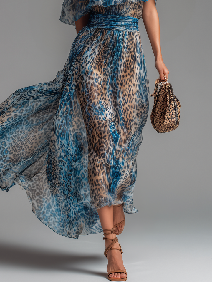 Wild - Leopard Print Chiffon Maxi Dress with Off-the-Shoulder Design