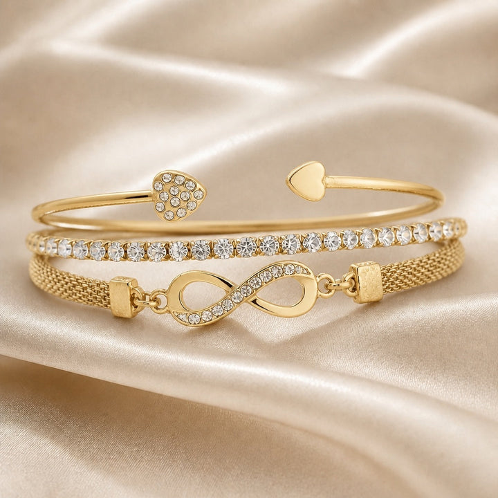 Infinity Design White Gold Bracelet Set with Rhinestones