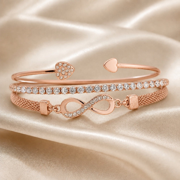 Infinity Design White Gold Bracelet Set with Rhinestones