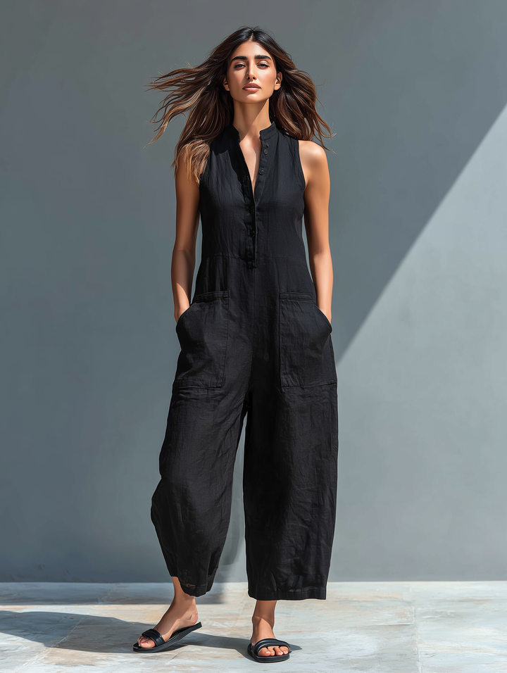 Aurelyn™ - High Collar Sleeveless Jumpsuit with Button Details