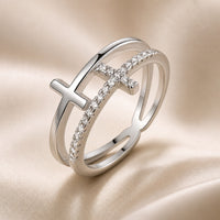 Double Layer White Gold Ring Featuring a Zirconia Cross