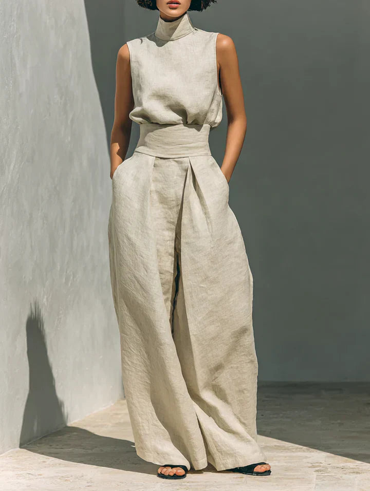 Flor™ | Completo Minimalista: Canotta e Pantaloni a Gamba Larga in Cotone e Lino per Donna