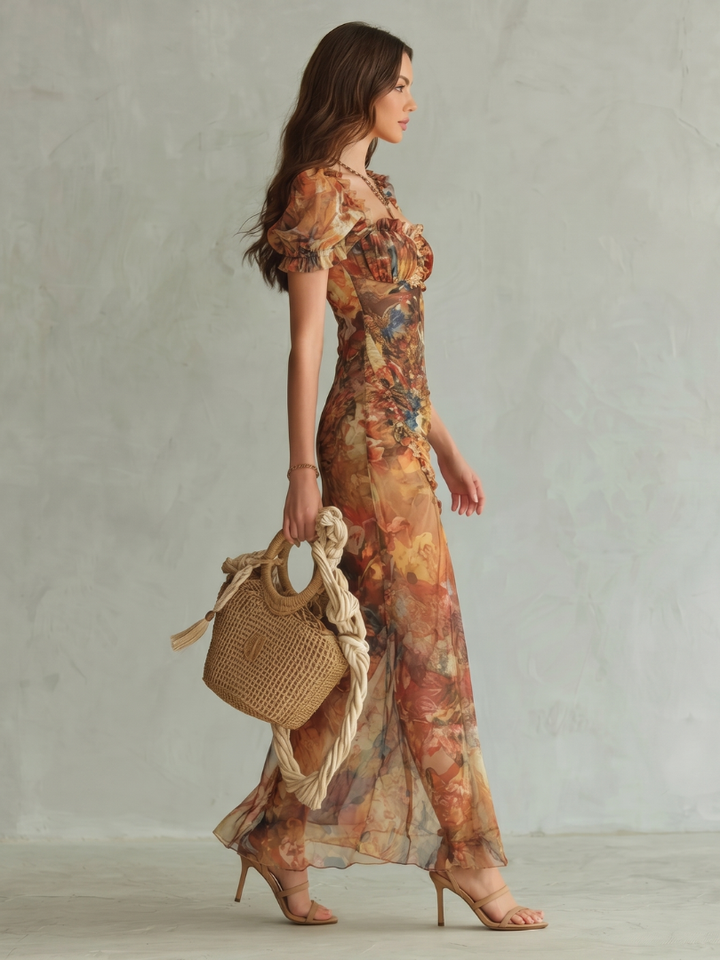Eviana™ - Ruffled Sleeves and Ruched Slit Midi Dress
