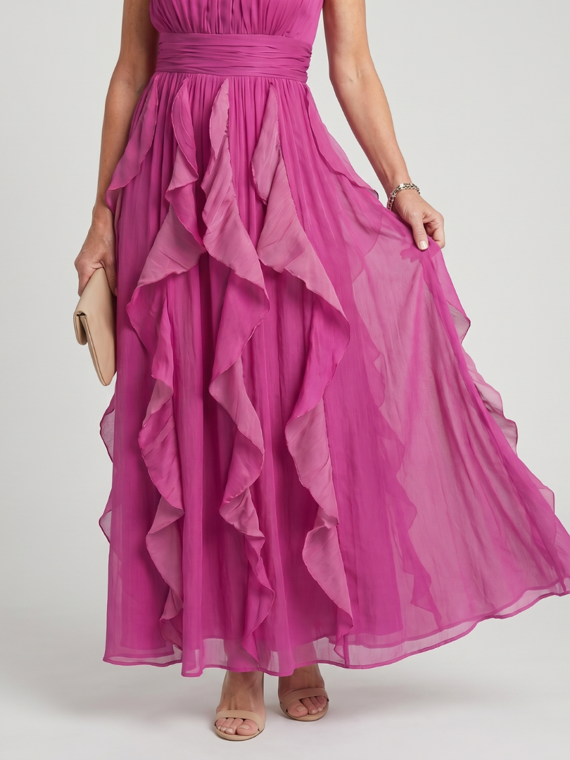 Lottie™ - High Neck and Gathered Ruffle Layers Maxi Dress