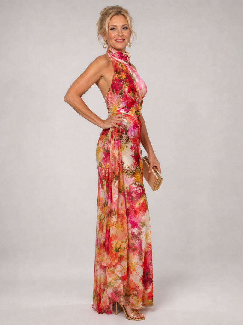 Justina™ - Floral Print Halter Neck Maxi Dress