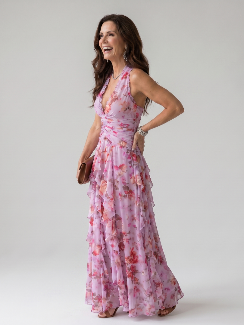 Pepita™ - Halter Neck and Ruched Bodice Maxi Dress