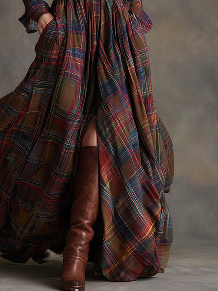 Solaria™ - Plaid Maxi Long Sleeves Dress with Belt