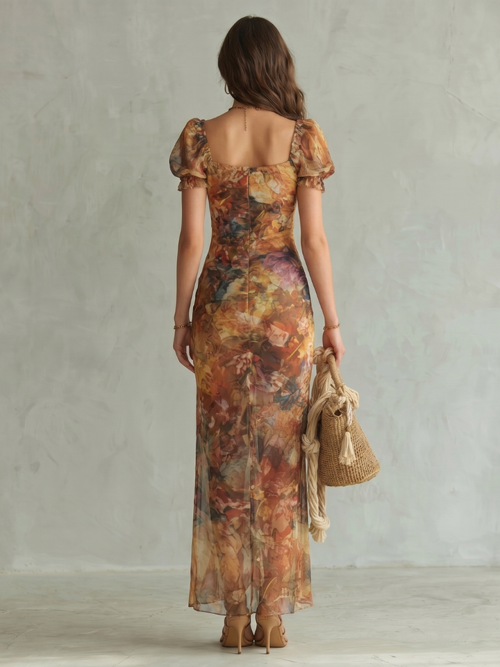 Eviana™ - Ruffled Sleeves and Ruched Slit Midi Dress