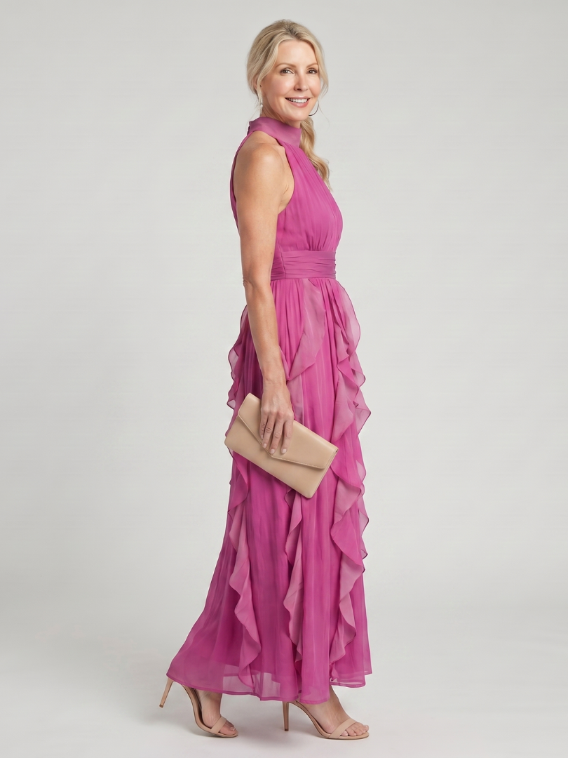 Lottie™ - High Neck and Gathered Ruffle Layers Maxi Dress