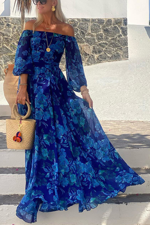 Gloria™ - Long Floral Print Dress with Off-Shoulder Sleeves