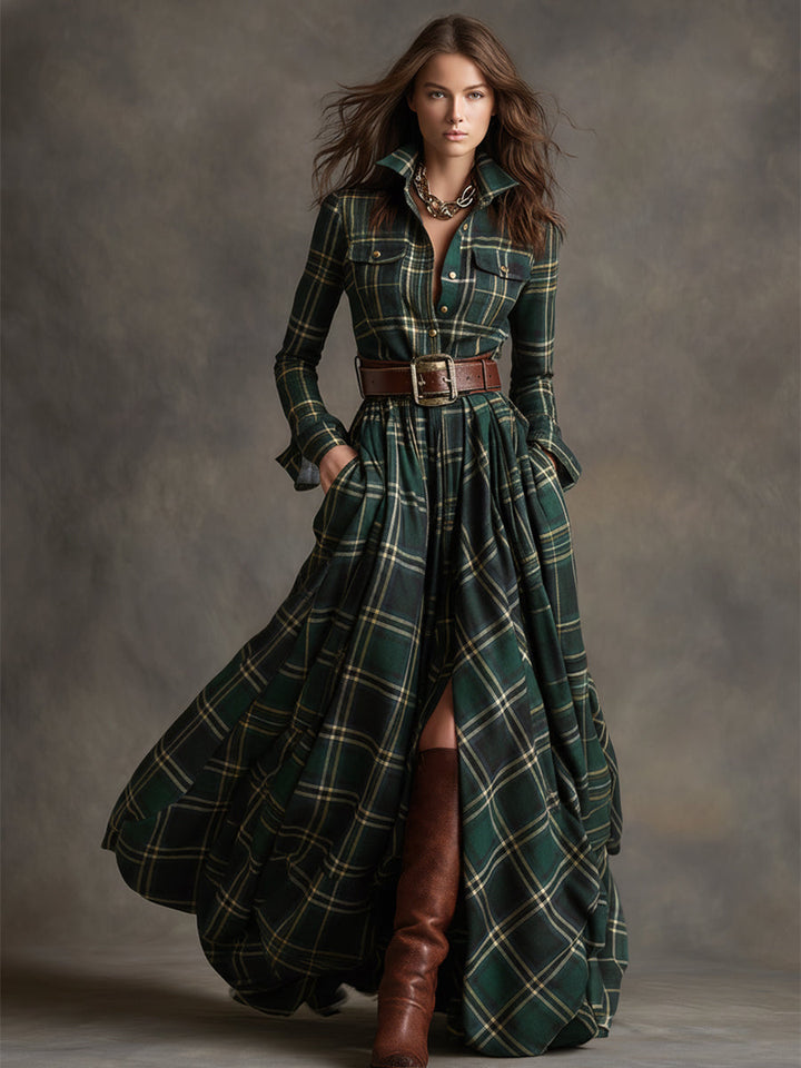 Solaria™ - Plaid Maxi Long Sleeves Dress with Belt