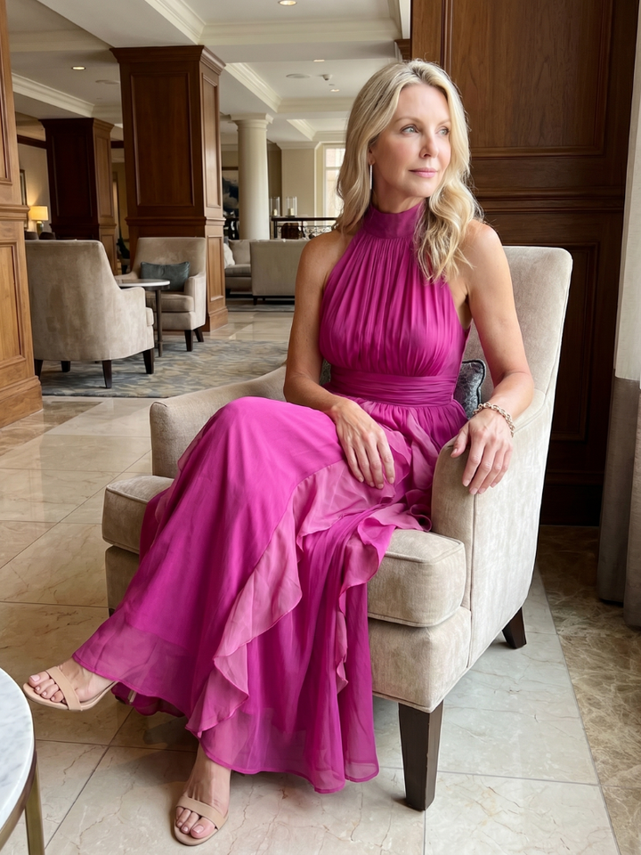 Lottie™ - High Neck and Gathered Ruffle Layers Maxi Dress
