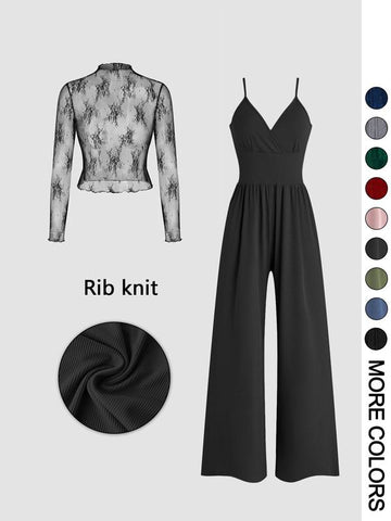 Loretta™ - Lace Tee & Pocket Jumpsuit Set