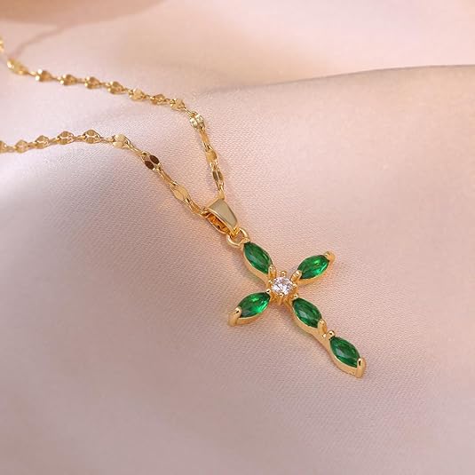 Bea™ - Gold Necklace with Emerald Cross Pendant