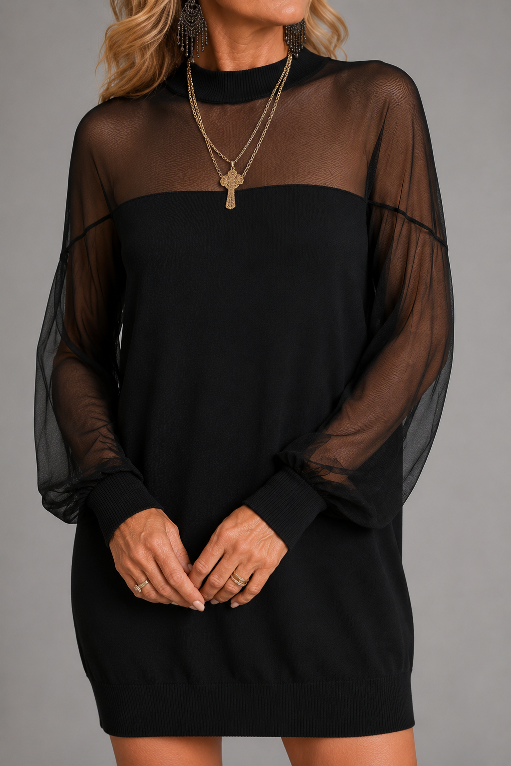 Adriana - Black Mesh-Sleeve Mini Dress