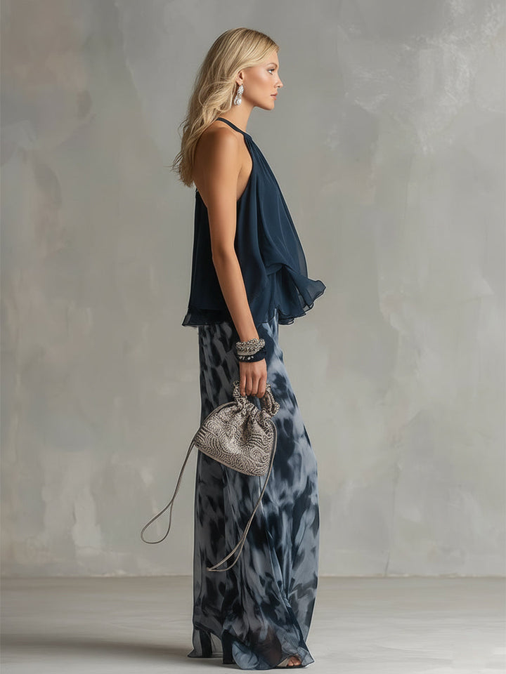 Astrid™ - Navy Halter Top with Wide-Leg Printed Pants Set