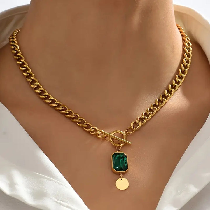 Ronia™ - Collana con Pendente in Oro e Smeraldo con Catena Spessa