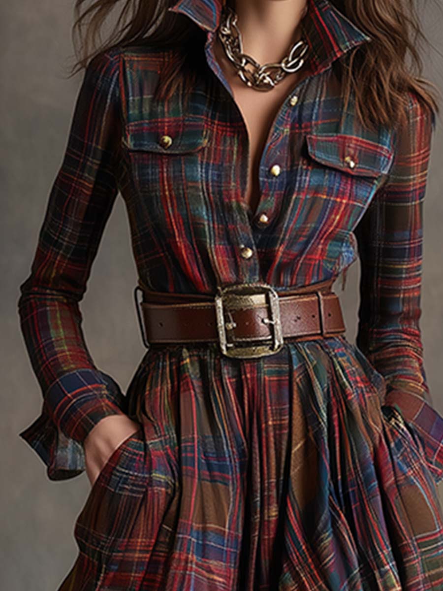 Solaria™ - Plaid Maxi Long Sleeves Dress with Belt