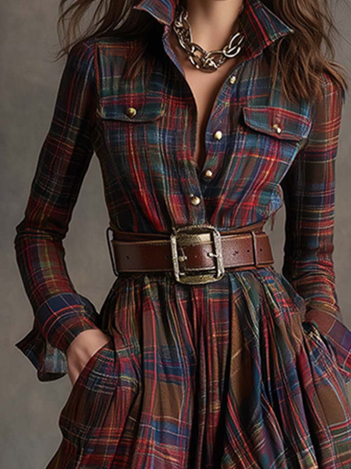 Solaria™ - Plaid Maxi Long Sleeves Dress with Belt