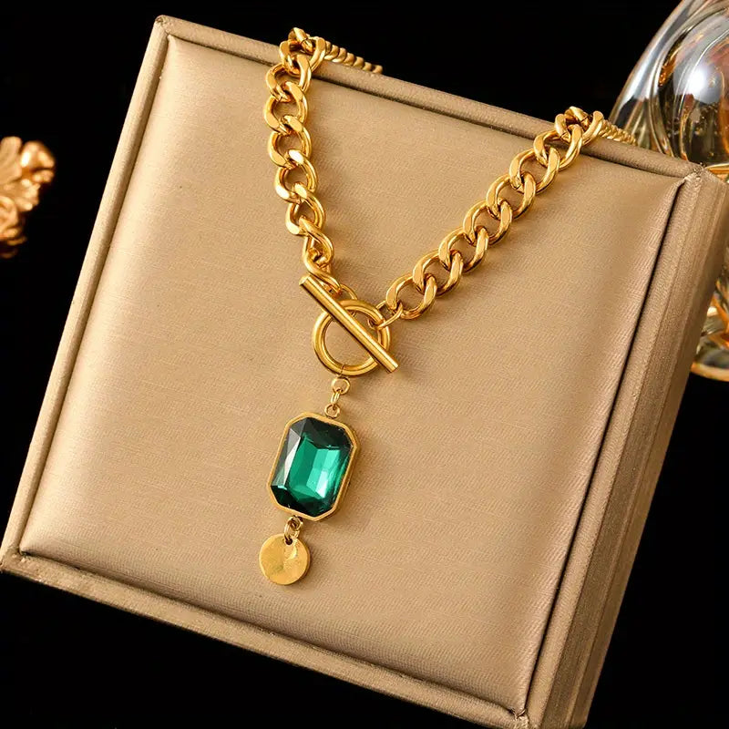 Ronia™ - Collana con Pendente in Oro e Smeraldo con Catena Spessa