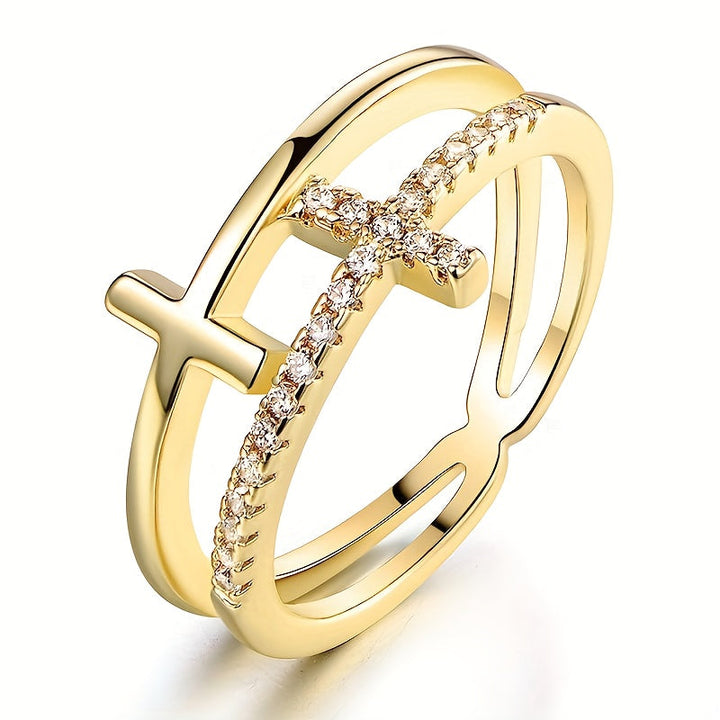 Double Layer White Gold Ring Featuring a Zirconia Cross