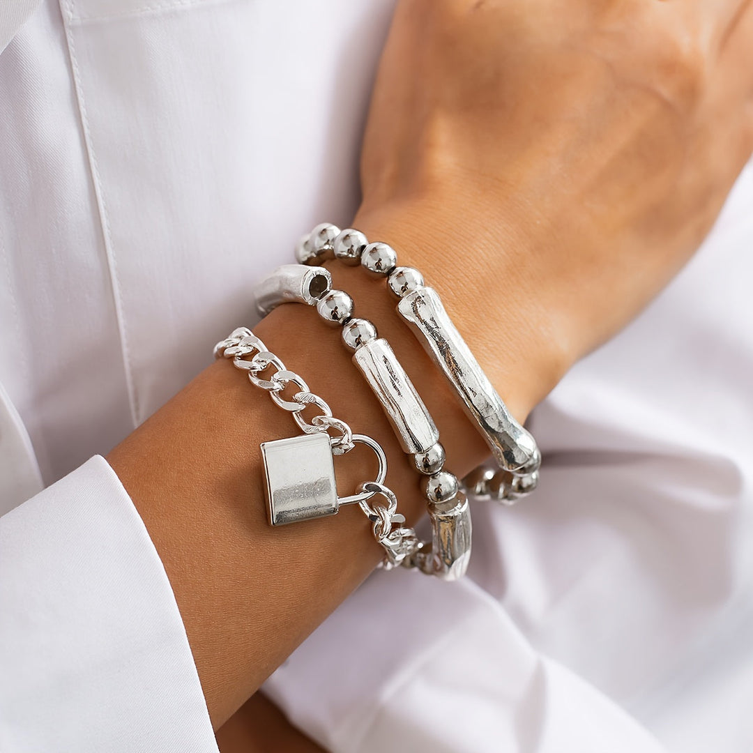 Set of White Gold Beaded Bracelets with Punk Lock Design